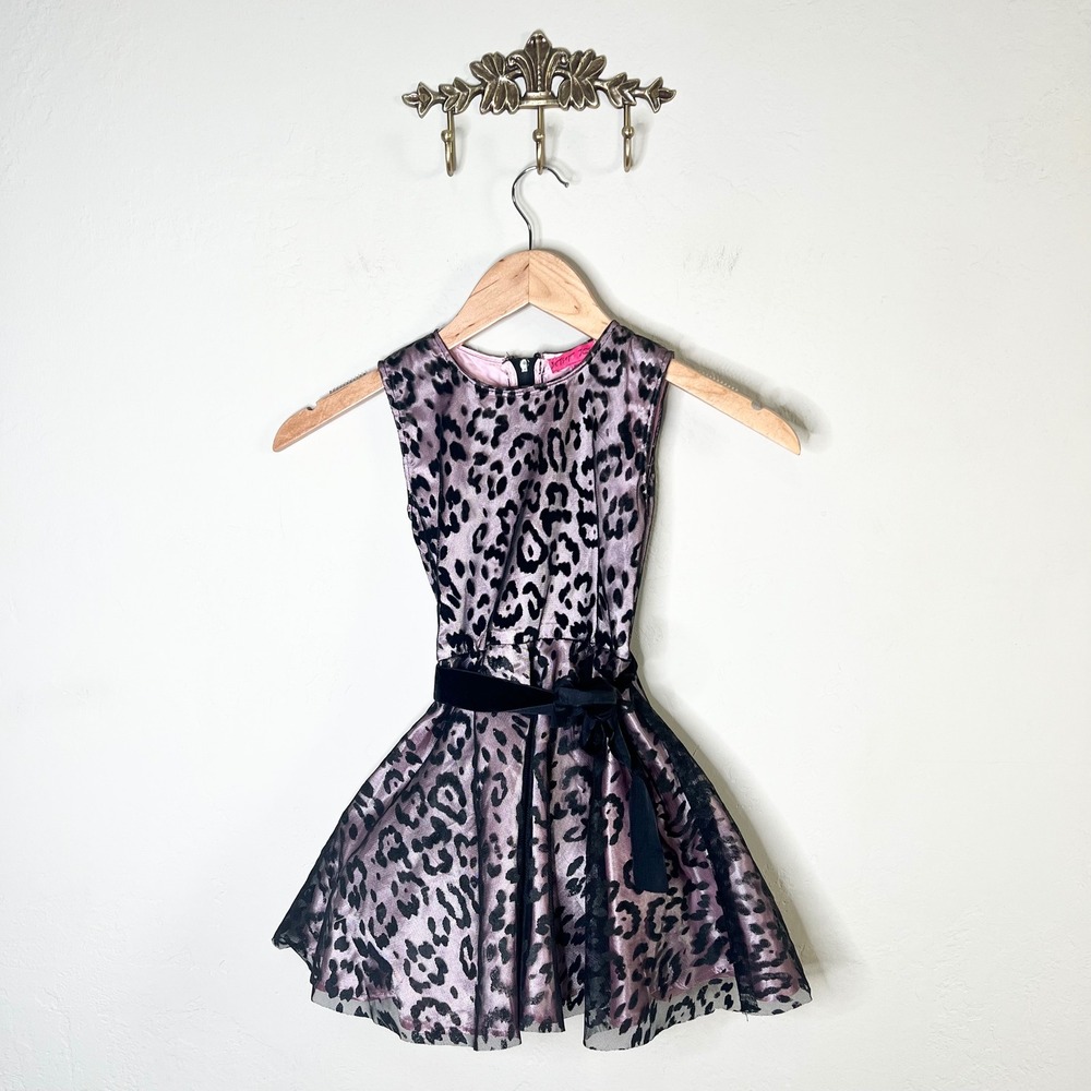 Betsey Johnson Dress Fit and Flare Girls Size 6 Pink Leopard Print Velvet Tulle